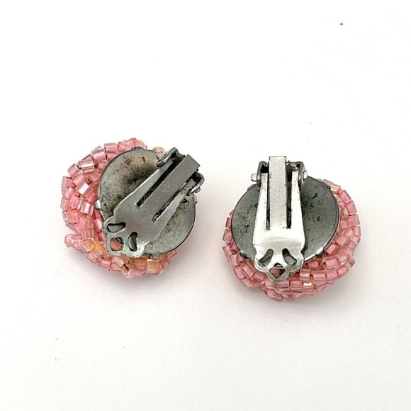 Vintage Womens Beaded Chunky Cluster Clip On Statement Earrings Pink - Picture 4 of 6